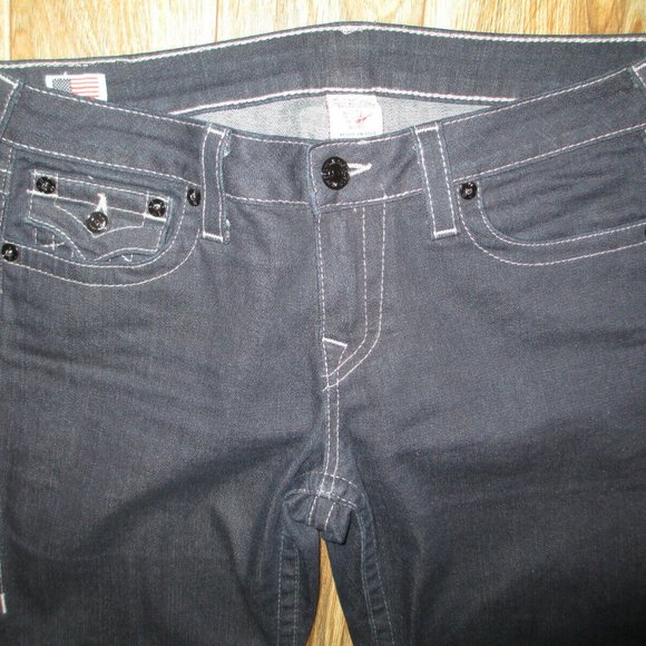 SIZE 32 TRUE RELIGION BECKY CRYSTAL PAVE SLIM BOOTCUT DARK RINSE JEANS womens - Picture 6 of 11